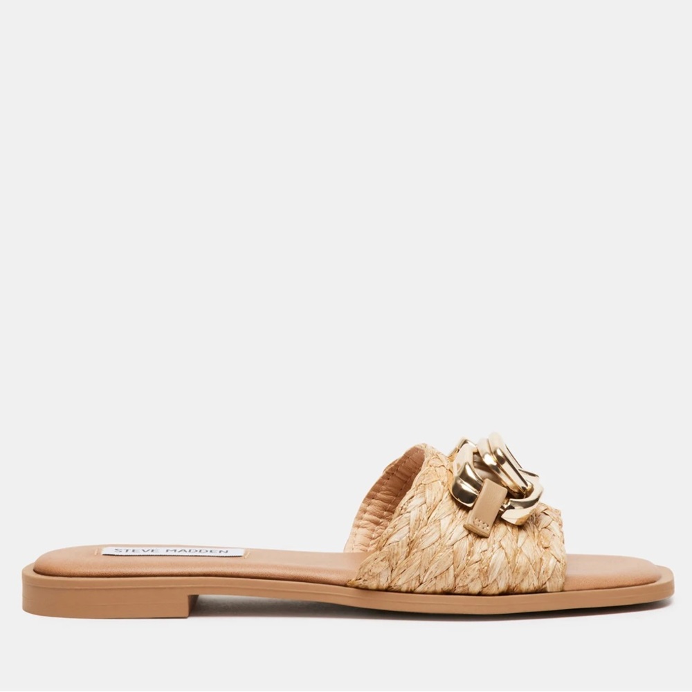 Steve Madden Tan Raffia Slide Sandals with Gold Chain Detail Sz 8 - Picture 7 of 12